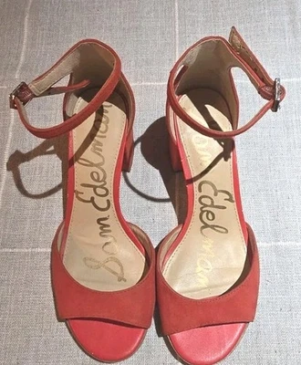 Sam Edelman Susie Red Suede Ankle Strap Open Toe Block Heel Sandals 6.5M - Image 1 of 4