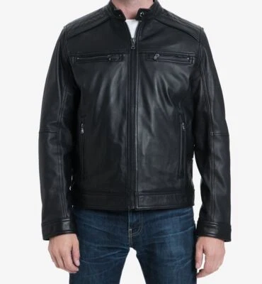 $598 Chaqueta de Cuero Michael Kors Para Hombre Negra Manga Larga Cremallera Completa Moto Talla L Foto 1 de 4