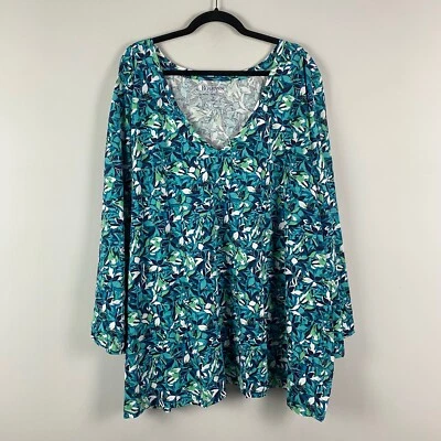 Roamans Long Sleeve Floral T Shirt Size 5X Blue Green V Neck Cotton - Image 1 of 4
