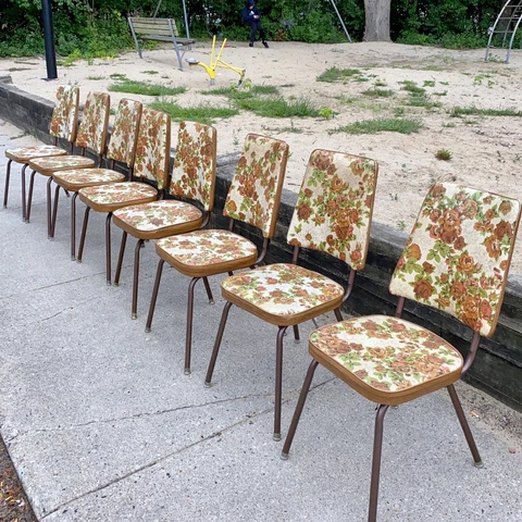 Set of 4 Vintage Floral Vinyl Dining Chairs Mid Century Modern - 1 Swivel LOCAL Cover