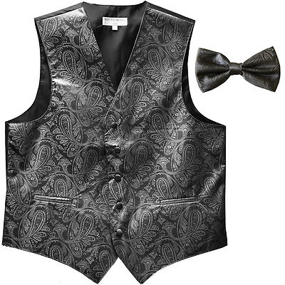 New formal men's tuxedo waistcoast vest_bowtie Charcoal gray Paisley wedding - Image 1 of 4