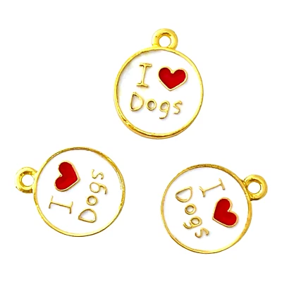 5 pcs I Love Dogs Two Sided Enamel Round Charms Art Crafts Bead Findings 18x14mm - Image 1 of 3