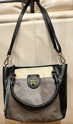 Elliott Lucca Turn lock Black Beige Taupe Leather Satchel  Crossbody Tote B10 - Image 1 of 4