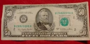 1977 Vintage 50 Dollars Bill Of Center Fancy Serial Number Trinity - Picture 1 of 5