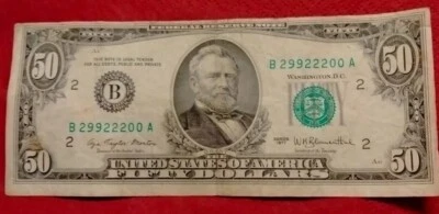 1977 Vintage 50 Dollars Bill Of Center Fancy Serial Number Trinity  - Image 1 of 4