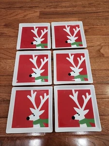 Lot of 6 Crate & Barrel Reindeer 6 inch Square Dessert Appetizer Plates - Picture 1 of 4