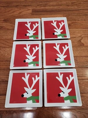 Lot of 6 Crate & Barrel Reindeer 6 inch Square Dessert Appetizer Plates - Image 1 of 4