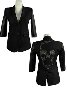 Philipp Plein Couture Women's Blazer Leather Sleeve Skull Embroidered Black Sz S - Picture 1 of 17