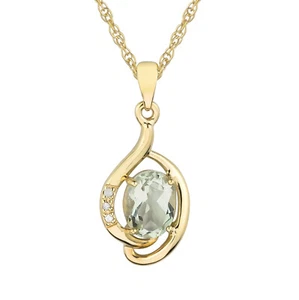 10k Oro Amarillo Original Ovalado Verde Amatista Y Colgante con Diamante - Imagen 1 de 5