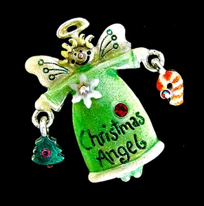 Unique VINTAGE Christmas ANGEL Candy Cane GLITTER 60s 70s VTG Signed AJMC Brooch - Picture 1 of 9