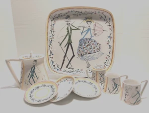 9 Piece Vintage Quadrifoglio Figini Italy Tea Pot Plates 4 1/4" Plater 11" Cups - Picture 1 of 19