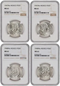 MEXICO 1947 & 1948 1 PESO SILVER COINS NGC CERTIFIED UNCIRCULATED MS-61 - Picture 1 of 2