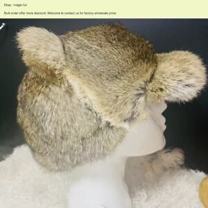 Real Rabbit Fur Hat Full Fur Pelt Ushanka Trapper Hat Bucket Ski Cap w Ear Charm