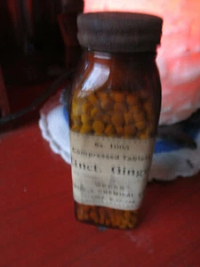 Antique Vtg Original Tablets Label FuII Amber Bottle Tincture GINGER 4.5" - Picture 1 of 3