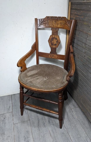 Antique Rustic Carved Wood Victorian Arts & Crafts Side Dining Arm Chair Cover