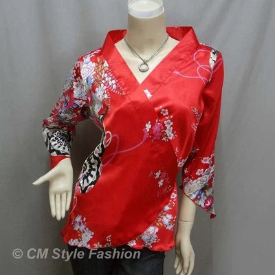 Blusa de gravata Yukata Kimono Design cetim sedoso envoltório vermelha P/M/L/XL/2XL/3XL - Imagem 1 de 4