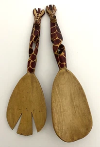 Giraffe Serving Salad Tongs Hand Carved Wood Animal Print 11" Large Fork/Spoon - Picture 1 of 2