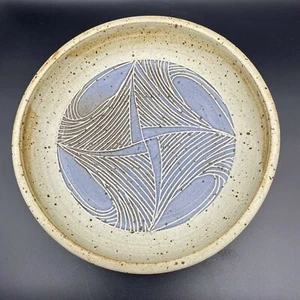 Signed Studio Art Pottery Speckled Stoneware Handled Dish Blue Pattern Bowl 11” - Picture 1 of 14