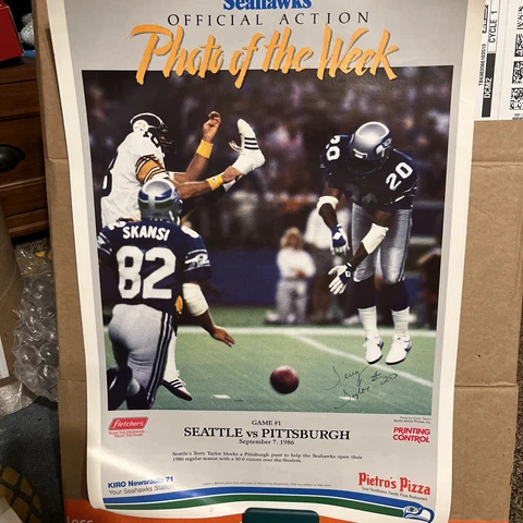 VTG Seahawks Pietros Pizza 11x14 Poster Game Action blocked Punt Terry Taylor Cover