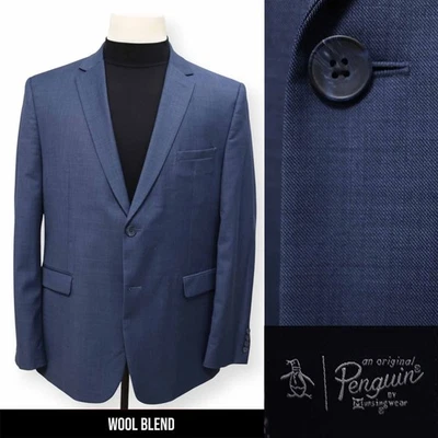 ORIGINAL PENGUIN Hombre Azul Sólido MEZCLA DE LANA Abrigo Deportivo Traje Chaqueta Blazer 46 R Foto 1 de 4