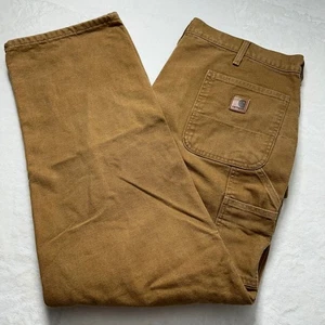 Carhartt Flannel Lined Work Pants Brown Canvas Carpenter Utility Trousers 40x32 - Picture 1 of 8