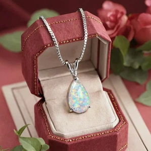 Dainty Minimalist Droplet Fire Opal Pendant Necklace, Delicate Opal Teardrop - Picture 1 of 5