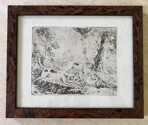 RARE. HOUNDS ON HARE Antique Georgian Era Experimental Etching. Monogram Signed. - Picture 1 of 6
