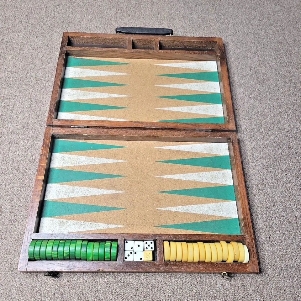 Vintage Backgammon Set-cork Board Green/white Points Marbled Chips Wood Case. - Image 1 of 4
