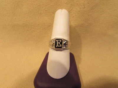 Anello Iniziale "E" Ragazzo/Dito Piccolo Argento Sterling con Pietra Onice Originale - Immagine 1 di 4