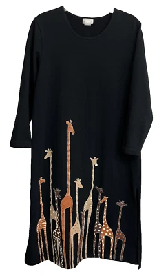 Cite VTG Maxi Dress Size PM Black w/ Giraffes Art to Wear Lagenlook Cotton USA - Image 1 of 4
