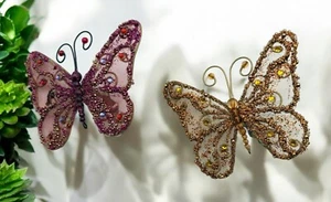 Vintage Beaded Butterfly Christmas Tree Ornaments Clip On Set Of 2 Purple Orange - Picture 1 of 7