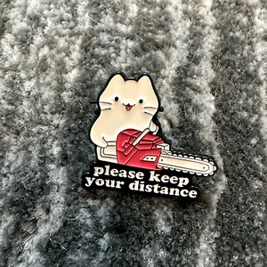 Cat Enamel Pin White Kitten Please Keep Distance Chainsaw Backpack Cat Lady New - Picture 1 of 5