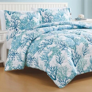 CORAL NAUTICAL COASTAL OCEAN SEASIDE COMFORTER SHAMS SET KING SIZE - BLUE WHITE - Picture 1 of 1