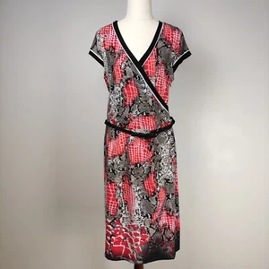 Anthea Crawford Womens Dress Size 12 Red Black Short Sleeve Stretch Belt V-Neck - Picture 1 of 10