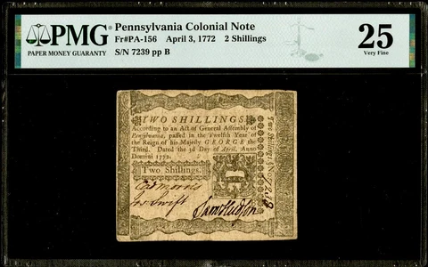 April 3, 1772 Pennsylvania Colonial Note 2 Shilling Fr#PA156 PMG VF25 &Breen COA Cover
