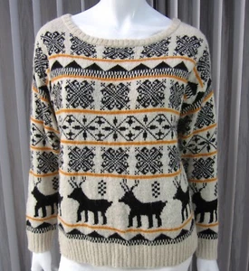 ASOS Long Sleeve SWEATER Size 6 Crew Neck Deer Snowflakes Print White Black - Picture 1 of 6