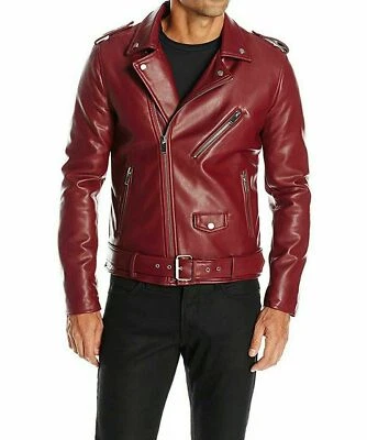 Men Maroon Color Stylish Biker Jacket Real Leather Pure Lambskin Belted Moto Cot - Image 1 of 4