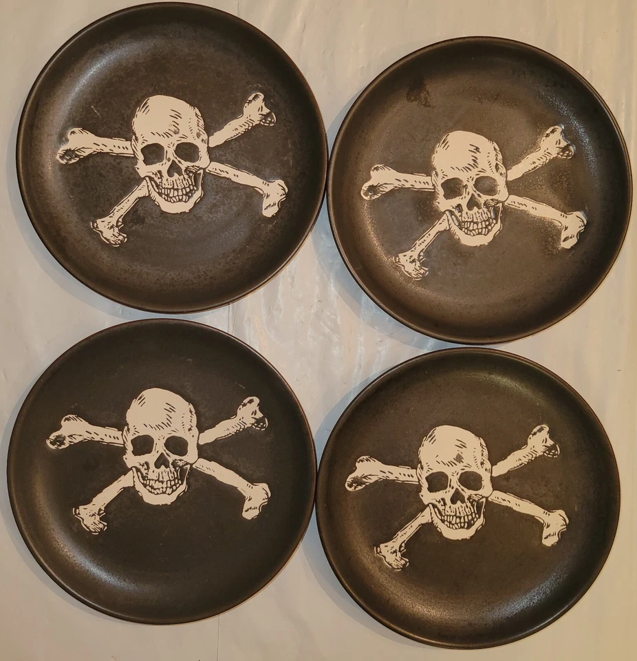 Set of 4 Threshold Stoneware 6” Halloween Black Appetizer Plate Skull Crossbone