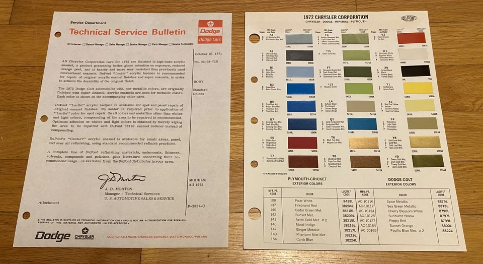 Dodge Technical Service Bulletin 1972 con virutas de pintura Challenger/cargador/dardo 72 Foto 1 de 1