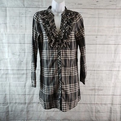 Vestido Joie Mujer Botón Delantero Talla Pequeña Negro Gris Cuadros Volantes Delantero Algodón Foto 1 de 4