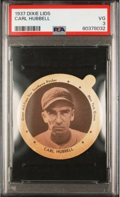 1937 年 Dixie Lids Hood’s Carl Hubbell 棒球卡 PSA 3 认证巨人名人堂 — 第 1/3 张图片