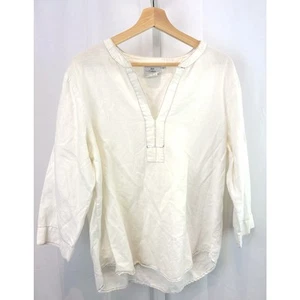 HOT COTTON Popover Top V Neck 3/4 Sleeve Cotton Linen White Navy Blue USA Size L - Picture 1 of 7