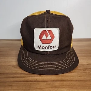 Vintage Monfort Brown Yellow Mesh Patch Trucker Hat K-Products Snapback Cap - Picture 1 of 7