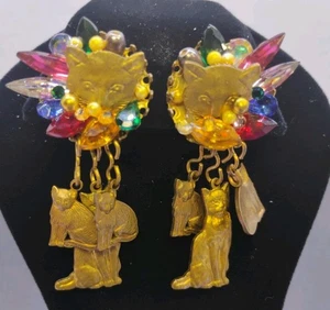 VTG Katrina Cat Dangle Earrings Multicolor Rhinestone Clip-On Statement V Rare - Picture 1 of 6