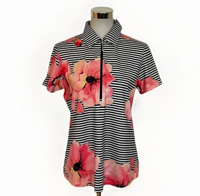 Top Jofit Talla L 1/4 Cremallera Manga Corta Negro Blanco Rayas Rosa Floral Golf Foto 1 de 4