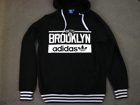 Adidas Brooklyn Nets NBA Hoodie Men's Size Large Black and White Strips Cover