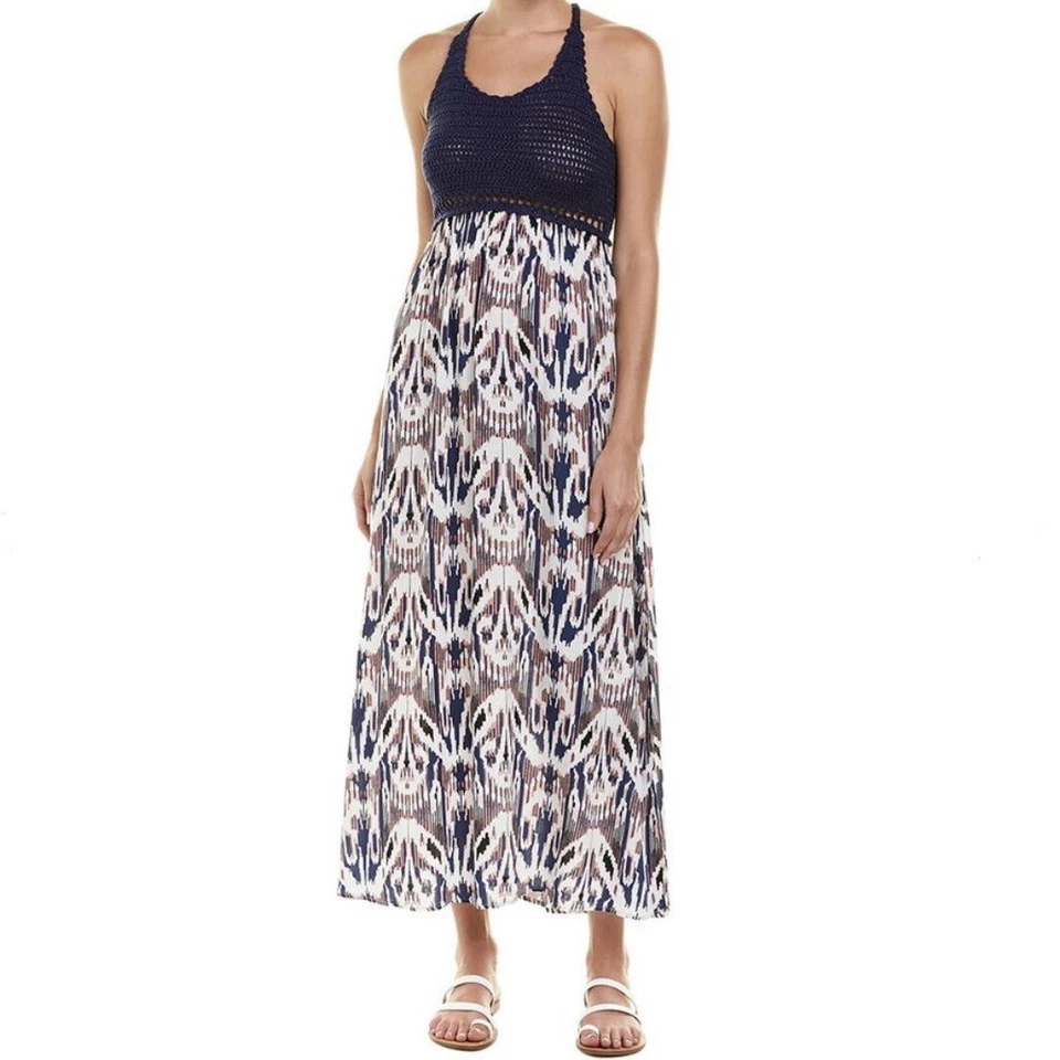 Vestido maxi Ella Moss azul marinho crochê Ikat aquarela boho longo bainha dividida XS - Imagem 1 de 4
