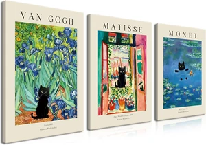 Monet Wall Art Set of 3 - Van Gogh Black Cat Flower Field Canvas Paintings Print - Picture 1 of 8