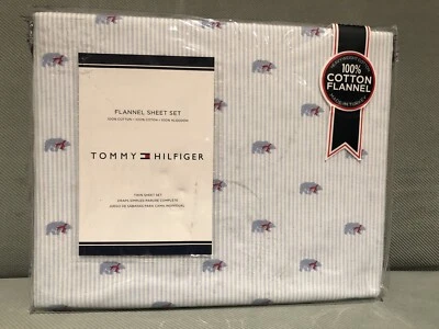 Tommy Hilfiger Oso Polar Franela Doble Juego de Sábanas Rojo Bufanda Azul Blanco Rayas Nuevo Foto 1 de 4
