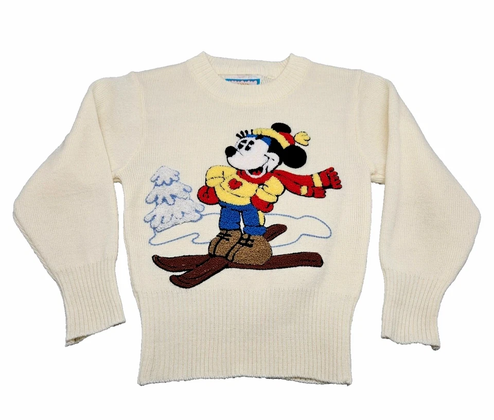 Vtg Disney Sunday Comics Knit Sweater Kids L 4/6 Ivory 3D Minnie Mouse Skiing - Image 1 of 4